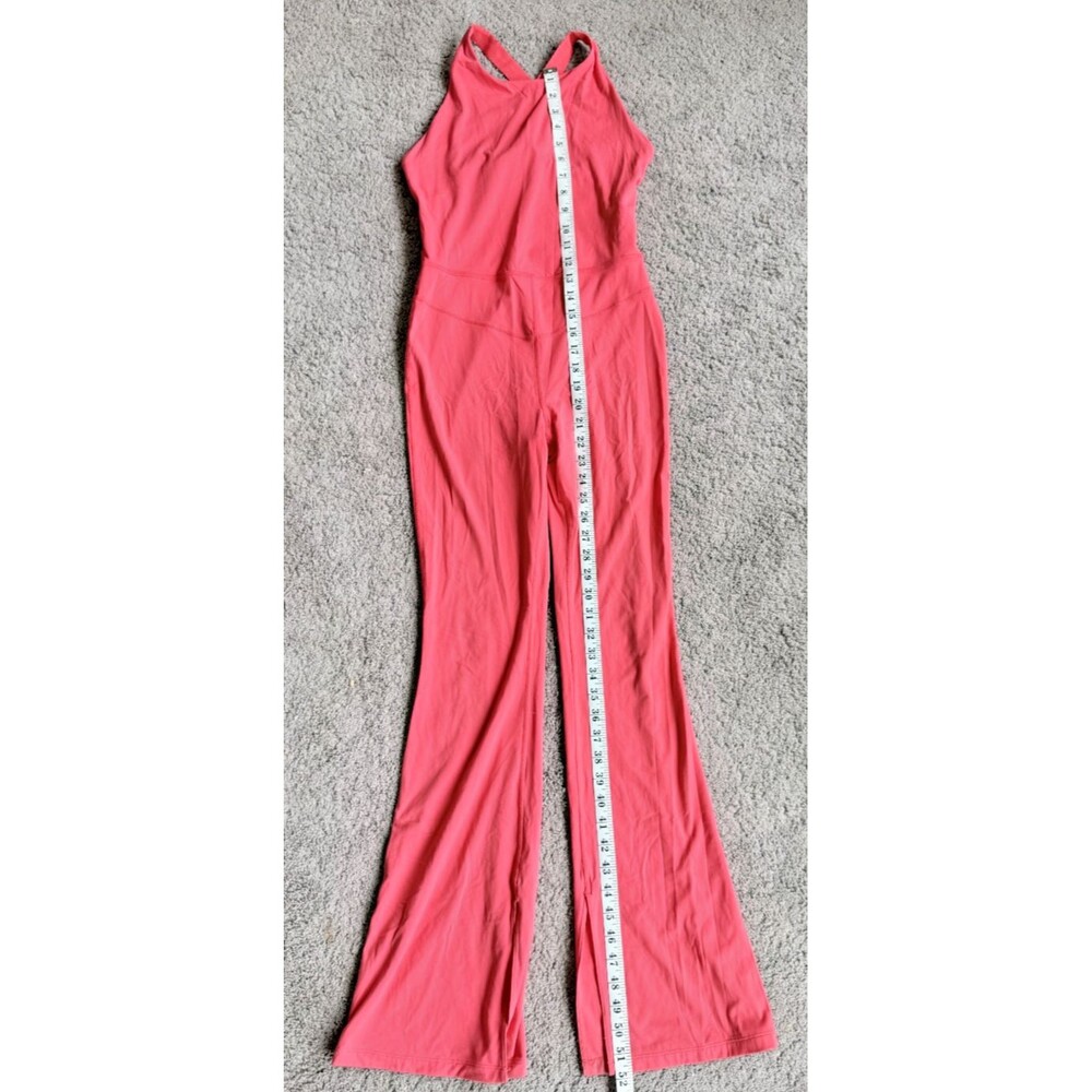 Women's Coral Red Active Jumpsuit Open Crisscross Back Flare Legs Side Slits - Picture 1 of 5